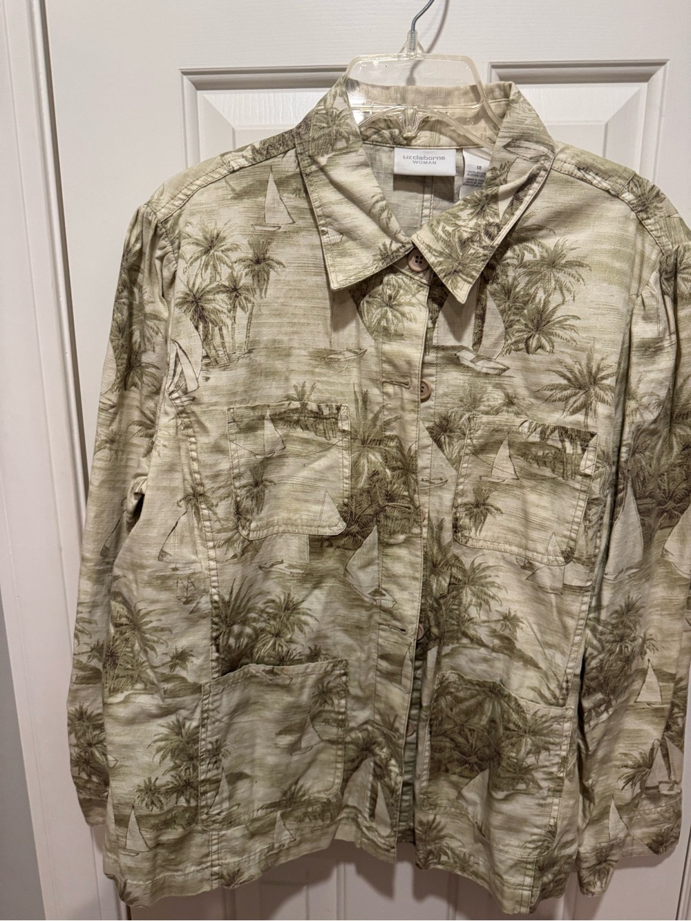 Liz Claiborne Light Olive Palm-Print Shirt Jacket